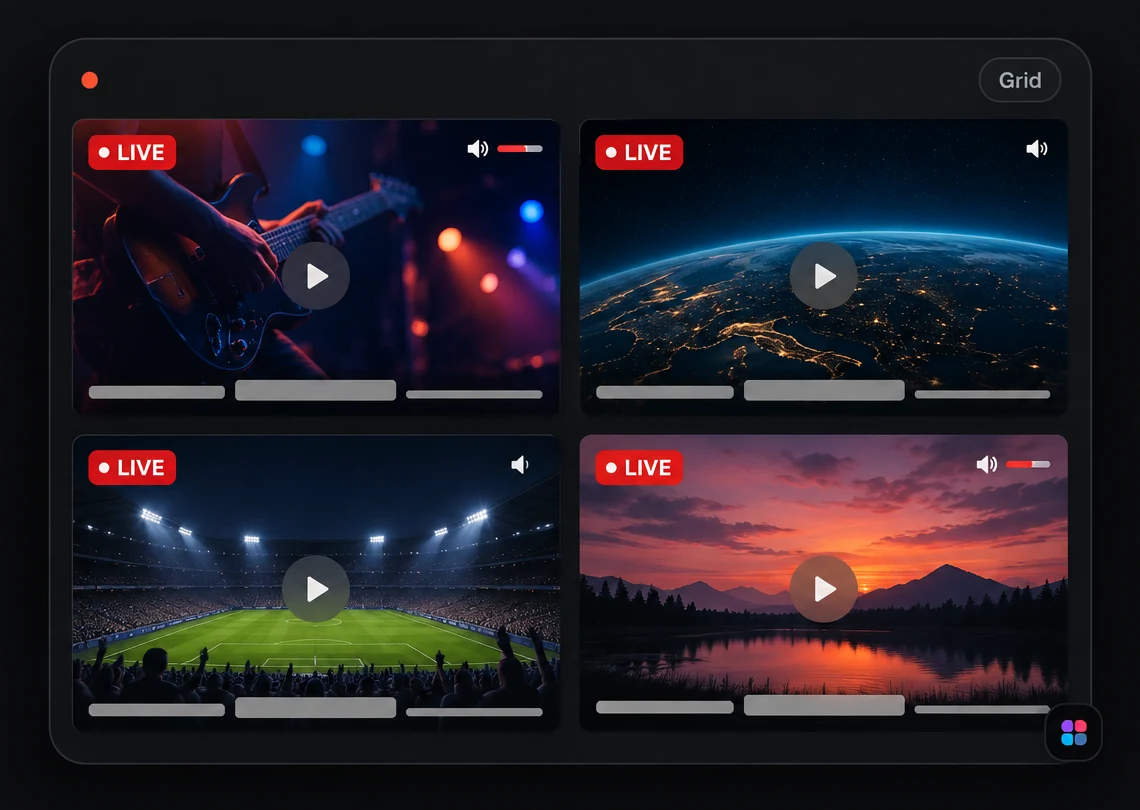 StreamTiles multi-stream viewer showing four live streams together in one grid, each with its own audio control