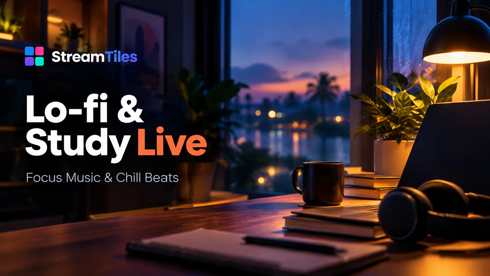 Illustration of a desk at dusk with a laptop, headphones and a lamp, titled Lo-fi & Study Live
